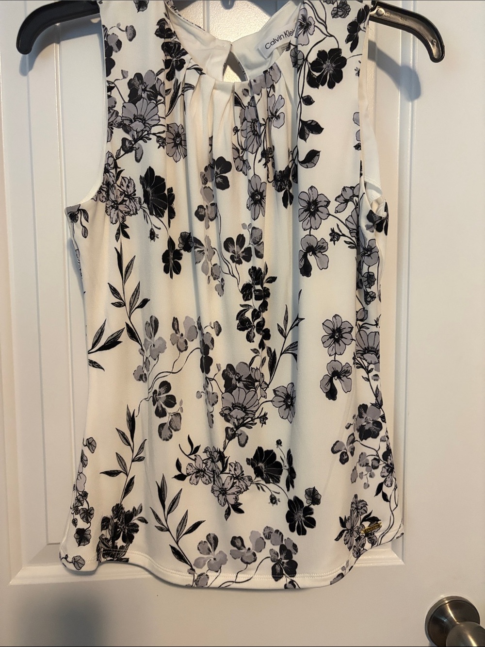 Calvin Klein Black and White Floral Tie-Neck Sleeveless Top